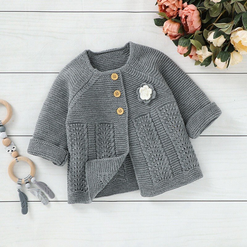 Outono bebê menina flores design oco cardigan crianças casaco o-pescoço manga cheia alongar camisola