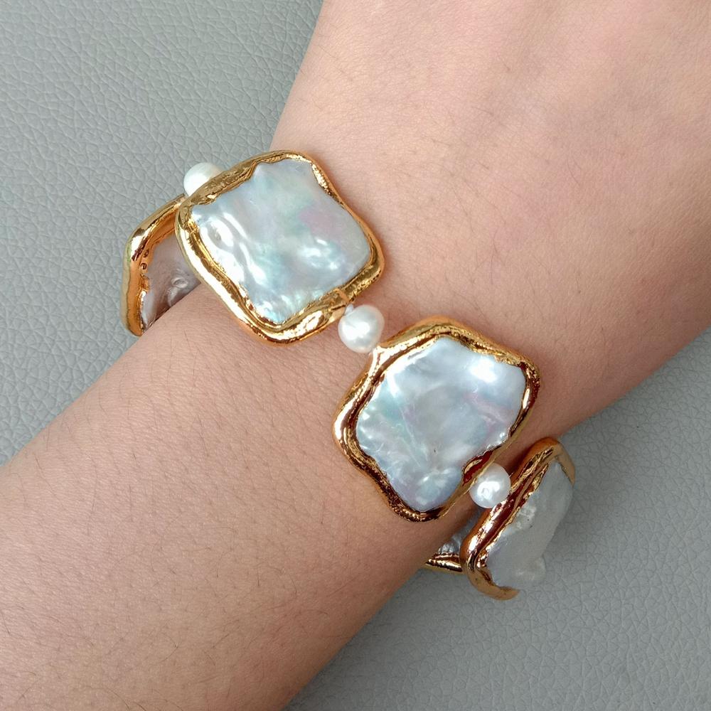 natural geometric White Square Keshi Pearl Gold color plated Bracelet 8" handmade For Wedding Women Girls Lovers