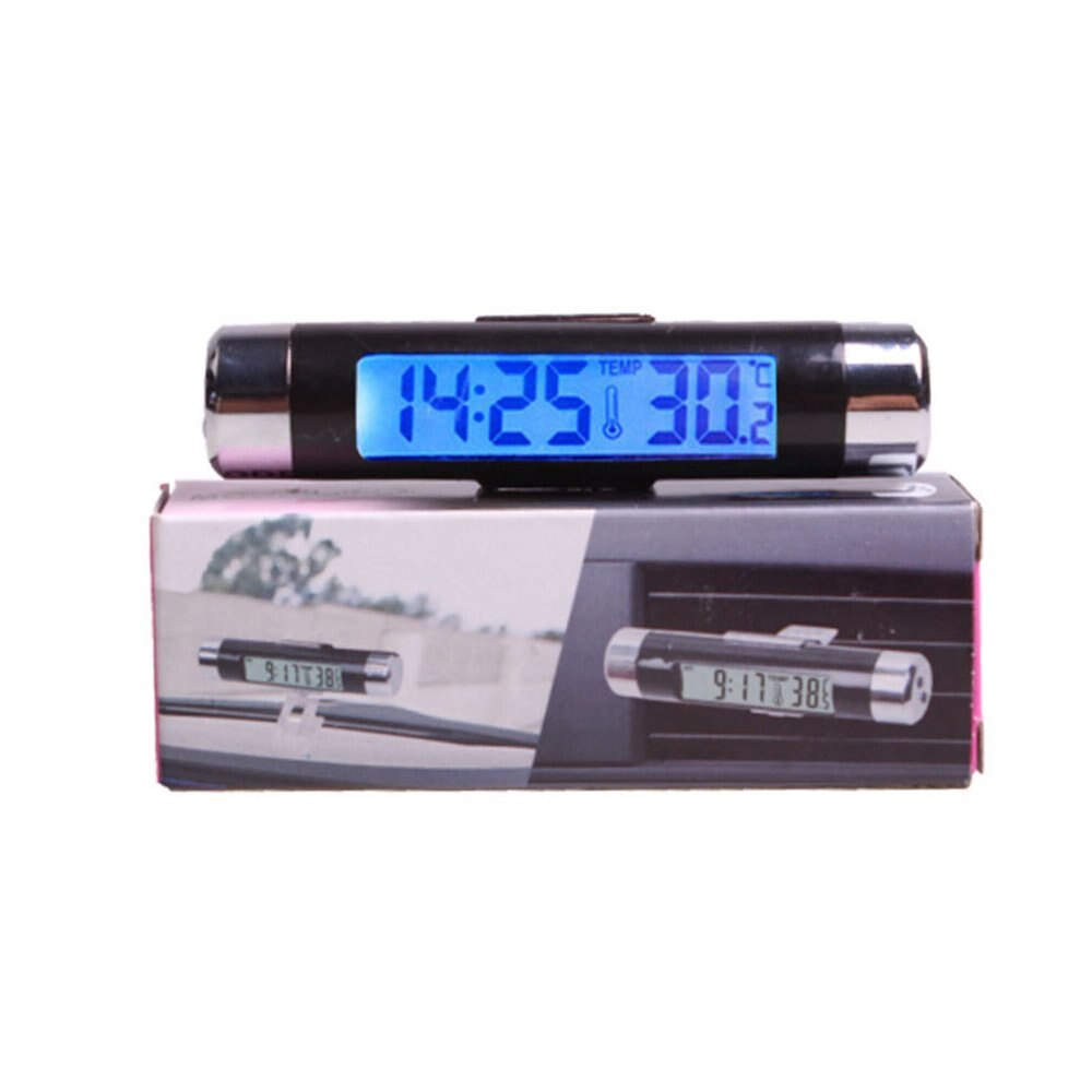 2 In 1 Car Vehicle LCD Digital Display Automotive Thermometer Clock Portable Car Air Vent Outlet Clip-on LED Backlight