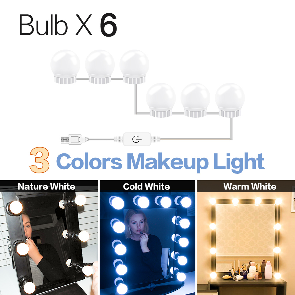 Led 5V Make Spiegel Licht Toiletartikelen Lamp Hollywood Vanity Licht Invullen Usb Cosmetische Lichten 2 6 10 14 Lampen badkamer Verlichting: 3 Colors 6 Bulbs