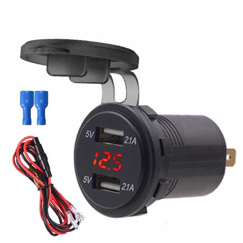 4.2a dubbele usb-telefoonopladers met led-display, waterdichte stopcontactadapter voor auto, boot, motor, atv, camper,  d4: Rood met draad