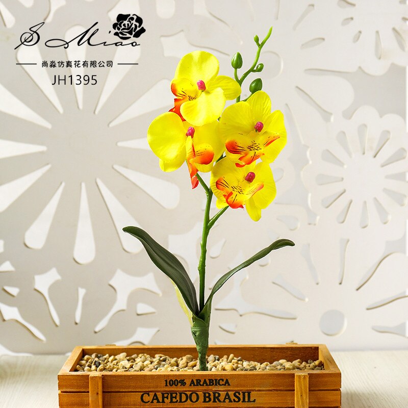 Fleurs d'orchidées papillons artificielles, 3/4/5 têtes, pour décorer la maison et le jardin, ornement de chambre à coucher de bureau, Table de bureau, bonsaï: 4Heads Yellow