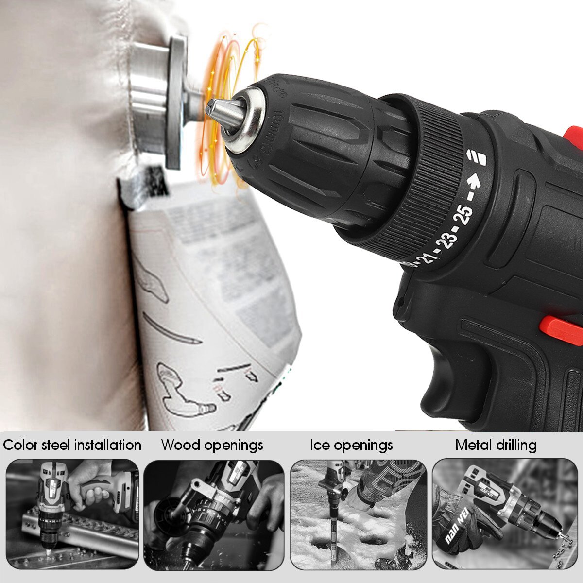 12V Electric Cordless Screwdriver With Battery Rechargeable Dual Speed Cordless Drill Screwdriver Hammer Impact Power Tools