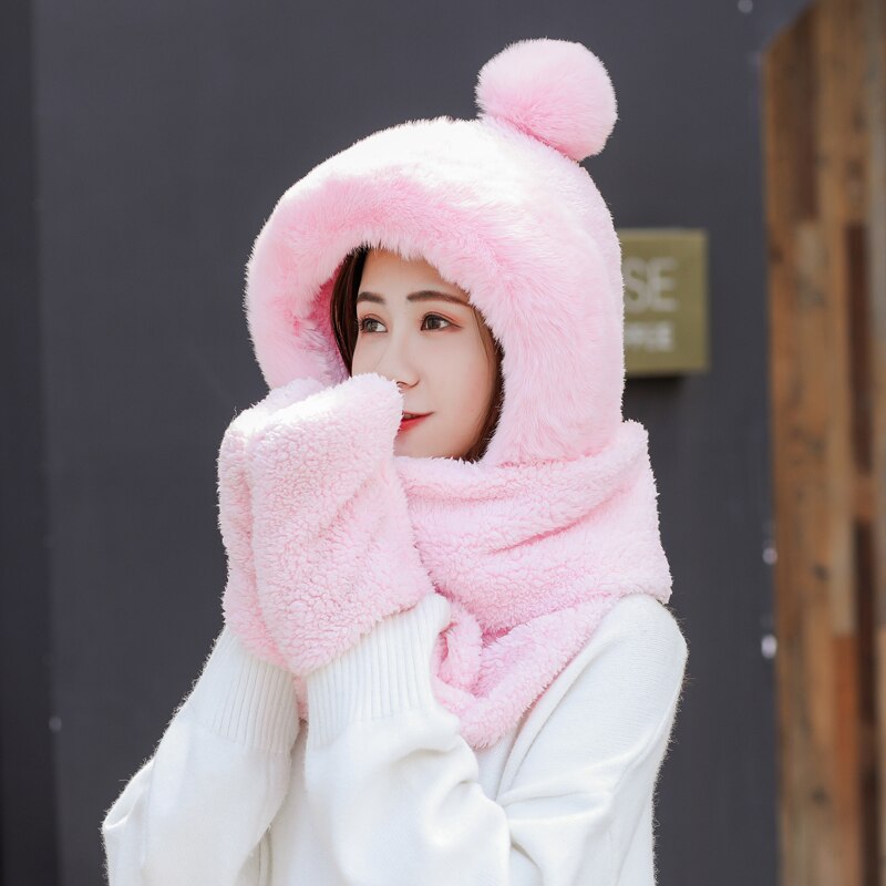 H7733 Women Bomber Hat Female Winter Student Warm Plus Cute Plush Neck Ear Protection Cap Girl Pure Color Thick Soft Lovely Hats: Pink