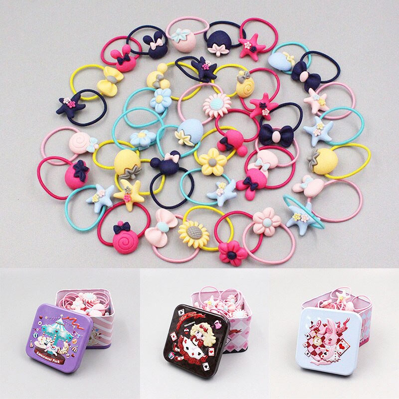 Tiara de cabelo com laço para meninas, 40 peças de flor arco com caixa de estanho, elástico para crianças dos desenhos animados, acessórios para cabelo