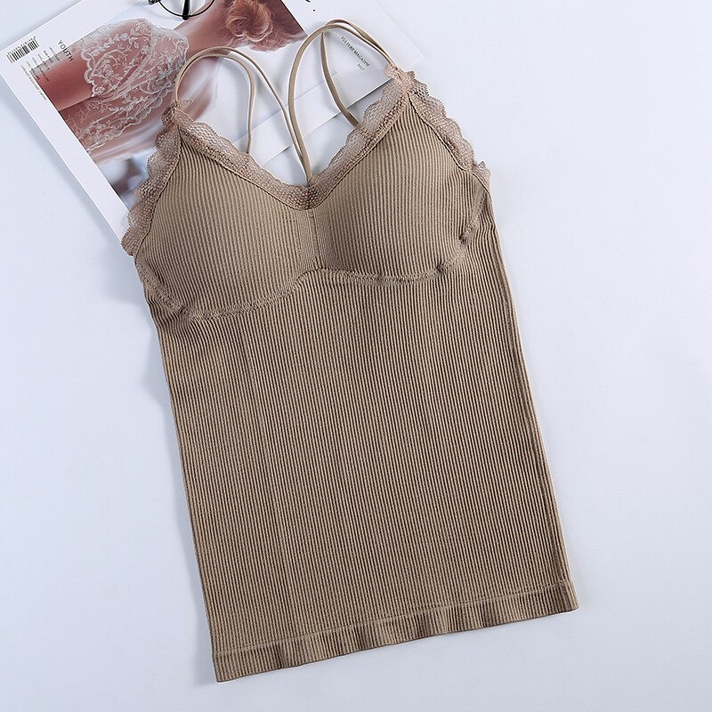 Kant Tops Vrouwen Tank Top Naadloze Tops Vrouwelijke Comfort Soft Ondergoed Top Dikke Herfst En Winter Verwijderbare Pad Hemdje