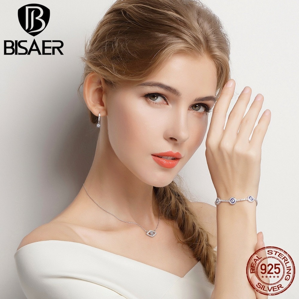 Pulseira bisaer 925 sterling silver lucky blue eye god& #39 ;s eye women tennis bracelets femme sterling silver jewelry ecb 002