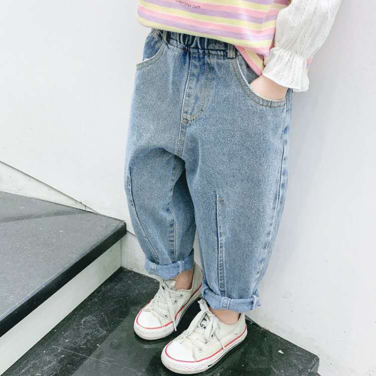 Forår og efterår piger lodret stribet ensfarvet gulerodsbukser koreanske børns jeans drenge og piger bukser