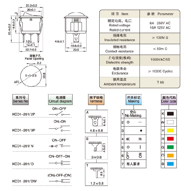 20Pcs 20mm ON-OFF Round Rocker Toggle Switch 6A/250VAC 10A 125VAC 2 Pin Plastic Push Button Switch Red Black White