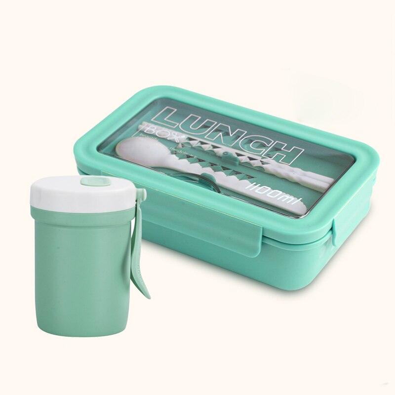 1100ml Eco-friendly Material Lunch Box BPA Free Bento Box Microwave Food Container with Cutlery: Green Set