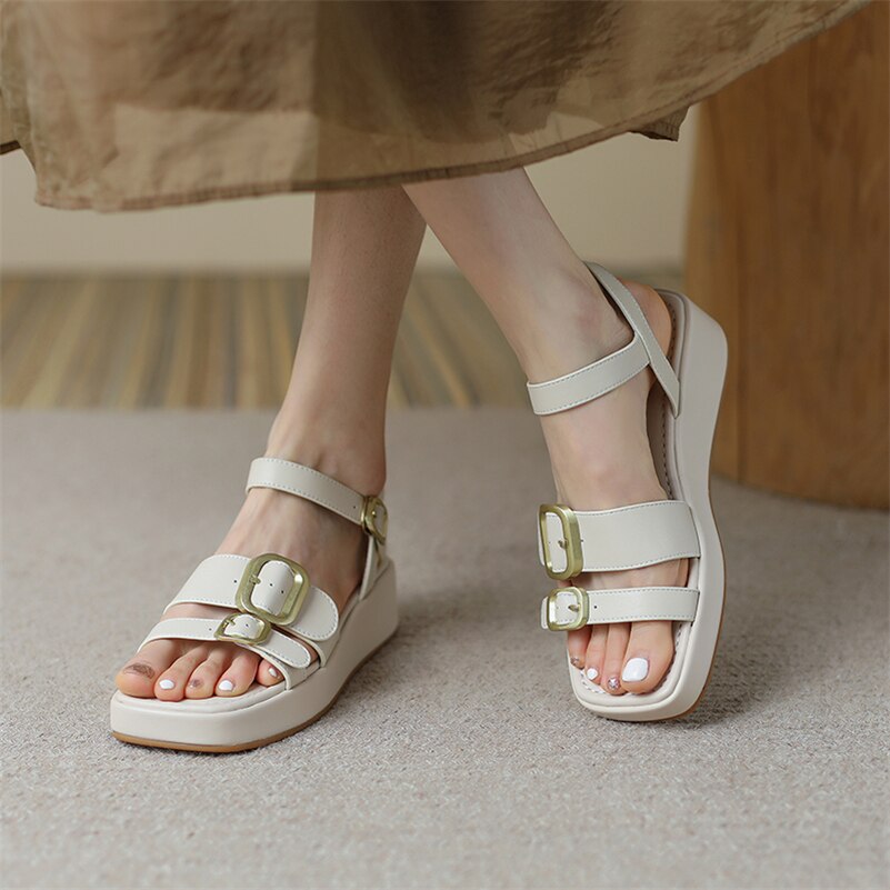 Meotina Shoes Women Genuine Leather Ankle Strap Sandals Flat Platform Buckle Ladies Footwear Summer Sandals Black Beige