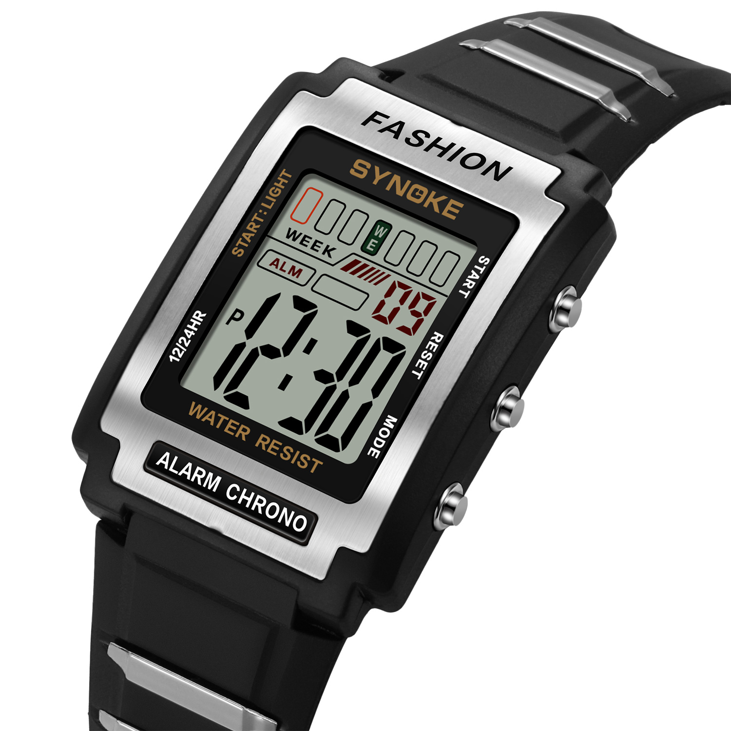 Digitale horloges voor heren Waterdicht 31 mm Ultradun elektronisch polshorloge Chronograaf Sport SYNOKE horloge: Black