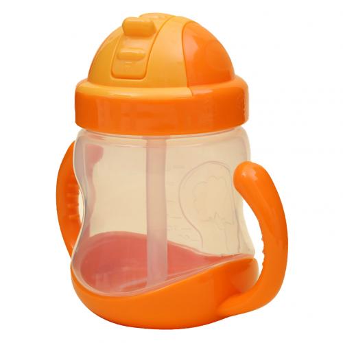 280 ml fodringsflasker med brede mundkopper tæthedsstrå suges vand med håndtag mælkesilikone babyer, der drikker træning: Orange