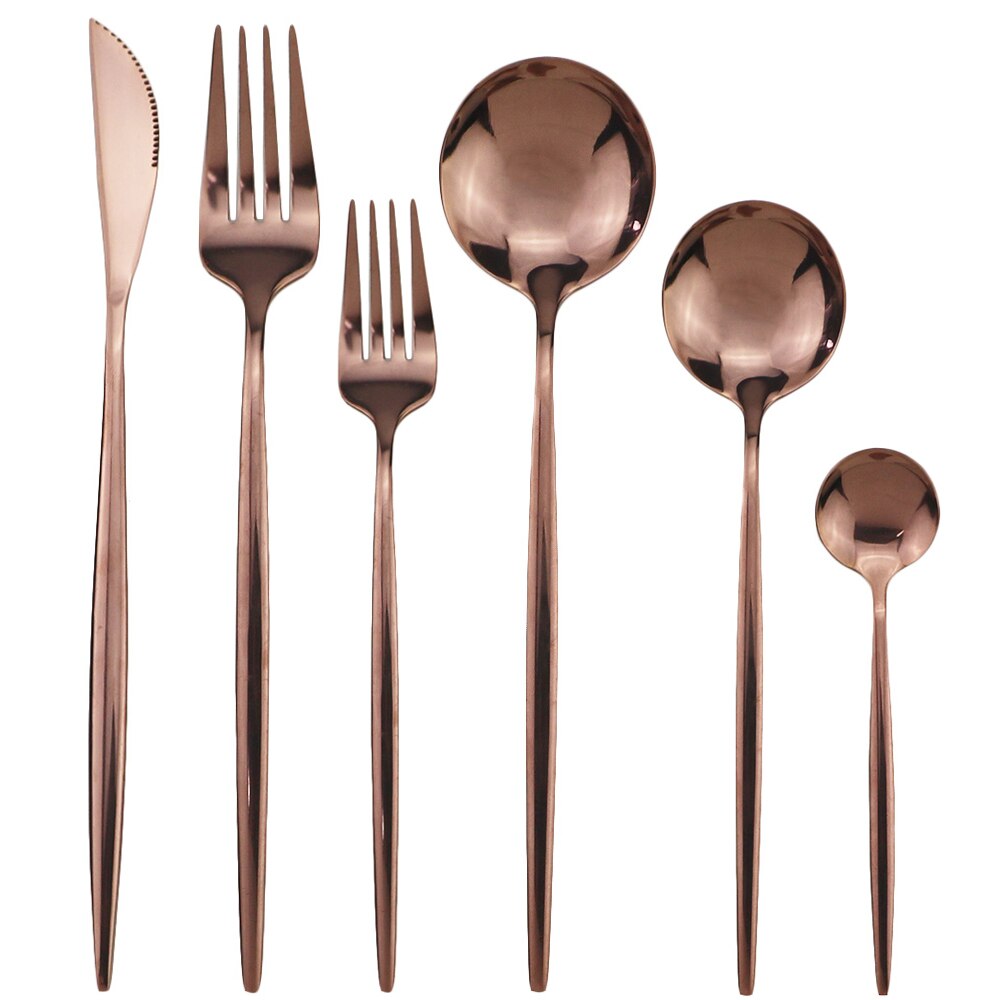 Guld bestick set köksbestick set 18/10 rostfritt stål servis set bestick servis set gaffel sked dessert set: 6 st ros
