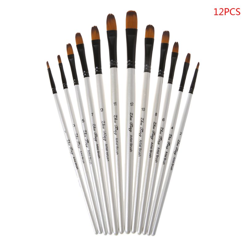 Juego de pinceles y brochas de artista, 12 Uds., cerdas de nailon, acuarela, pintura al óleo de acrílico, inclinada, punta redonda plana, accesorio de arte: Round Tip