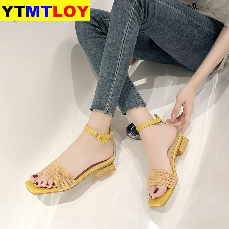 Gebreide Lage Hak Sandalen Vrouwen Hout Hak Open Teen Snoep Kleuren Zomer Stretch Stof Sandalen Dames Vierkante Teen Hakken Vrouwen