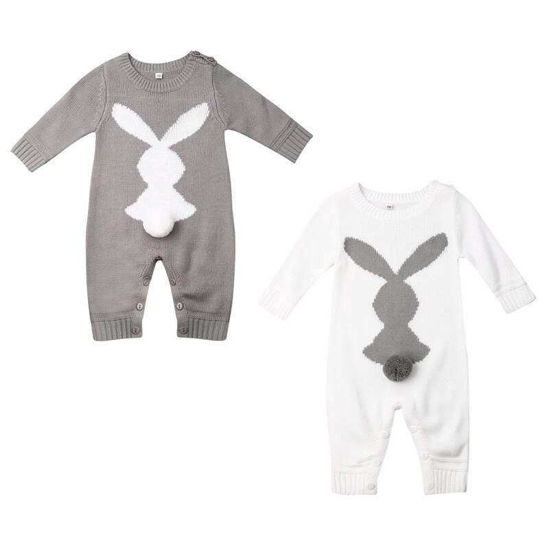 Baby Autumn Winter Clothing Newborn Baby Boy Girl Bunny Knitted Wool Romper Long Sleeve Warm Bunny Print Playsuit Outfit