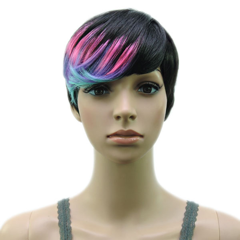 Hairjoy synteettiset hiukset muti väri otsatukka korkean lämpötilan kuitu nainen lyhyt peruukki 18 väriä saatavilla: Vaaleanpunainen sininen
