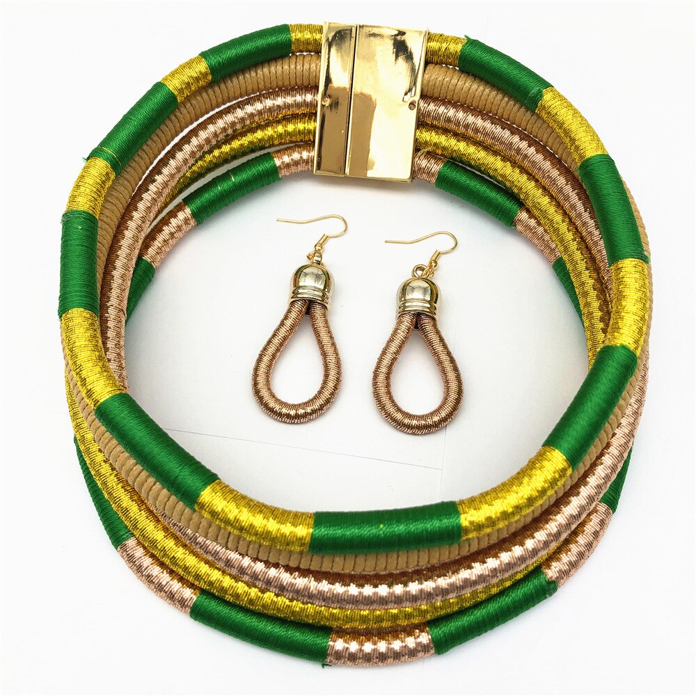 mehrschichtig Stamm Halsband Ohrringe einstellen Bunte Seil Weben Afrikanische Halsketten gewebte klobig Lätzchen ErkläSprosse Drehmoment Verschlüsse Halskette: Gold