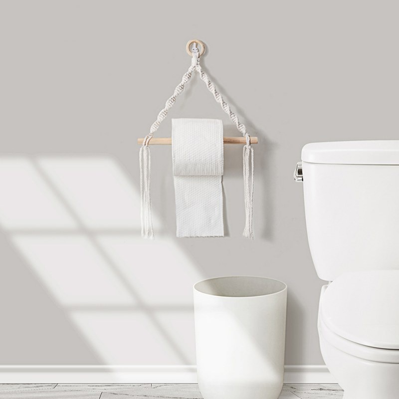 Boheemityylinen makrame-wc-paperiteline puinen seinälle ripustettava säilytyshylly kudos kylpyhuone wc-paperin annostelija kodin sisustus