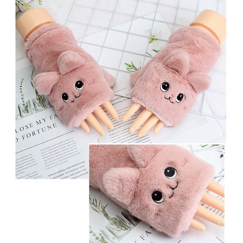 Kinder Mädchen Halbe Finger Flip Fäustlinge Plüsch Dicken Fahren Handschuhe Nette Katze Touchscreen Handschuhe für Mädchen Winter Warme Handschuhe