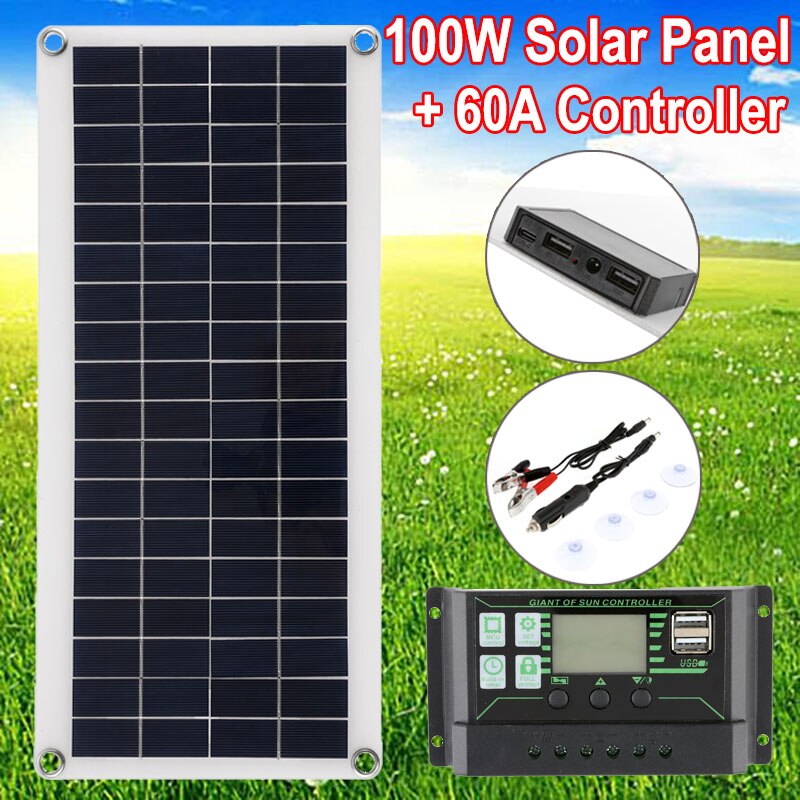 100W Solar Panel with 60A Controller Solar Power System Set Solar Panel Charger for Outdoor Traveling Camping Mobile Phone