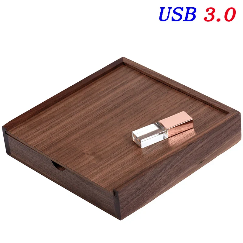 JASTER USB 3.0 Flash Drive Crystal walnut wood box Pen Drive Free custom logo Memory Stick Photography Wedding Pendrive 64G