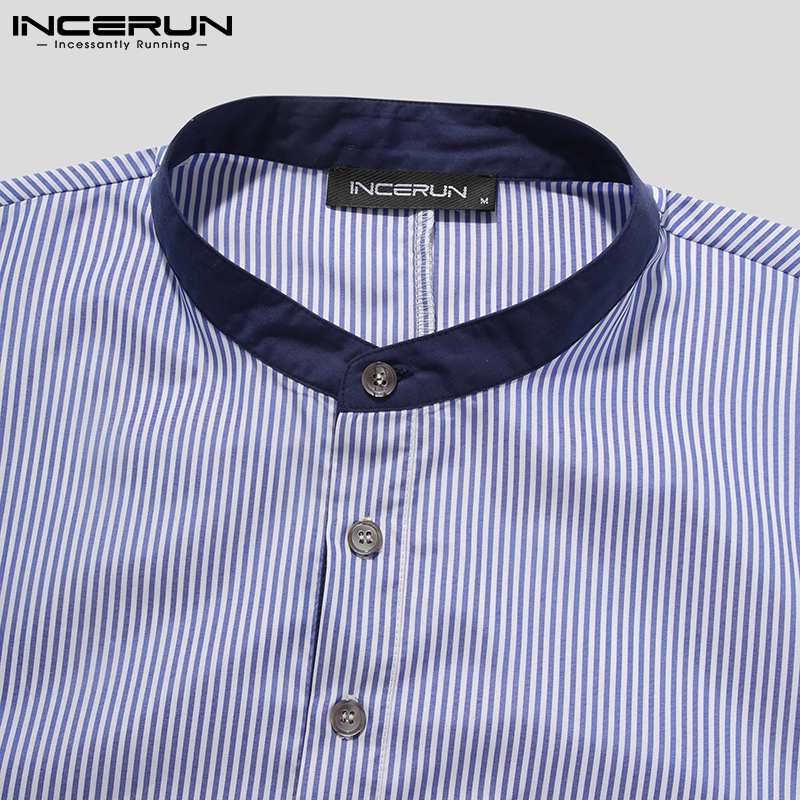 Man Casual Zakken Comfortabele Nachtjapon Incerun Heren Leisure Gestreepte Slaap Gewaden Stand Kraag Knoppen Badjassen Homewear S-5XL
