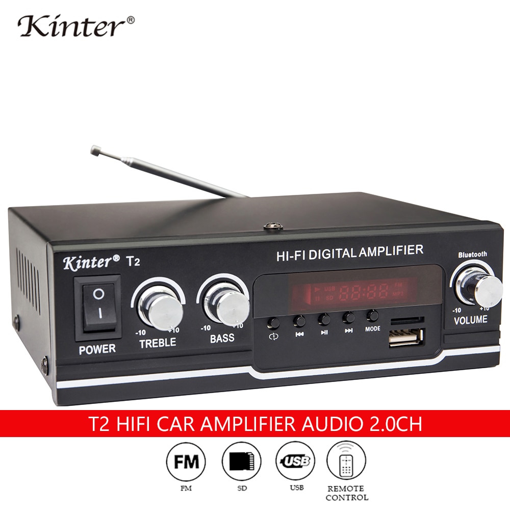 Kinter T2 Hifi voiture amplificateur Audio 2.0CH 20W son stéréo pour bluetooth USB TF entrée FM alimentation radio AC220V DC 12V noir