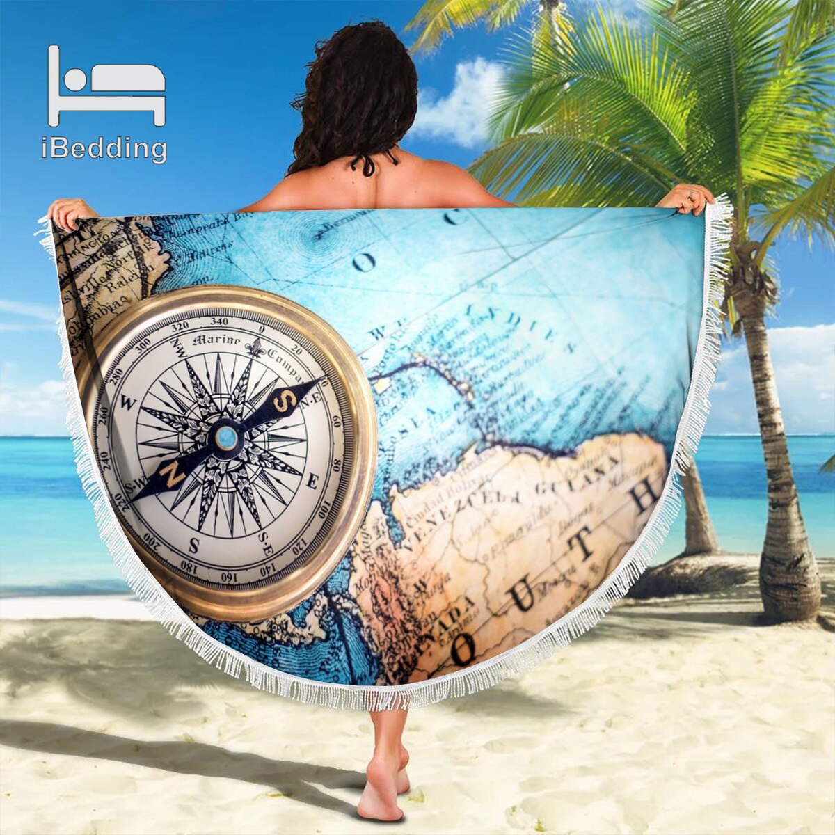 3D Vintage Monde L'île Carte du Monde Couverture de Plage En Microfibre Imprimé 150cm Serviette de Plage Ronde avec Des Glands POD Directe