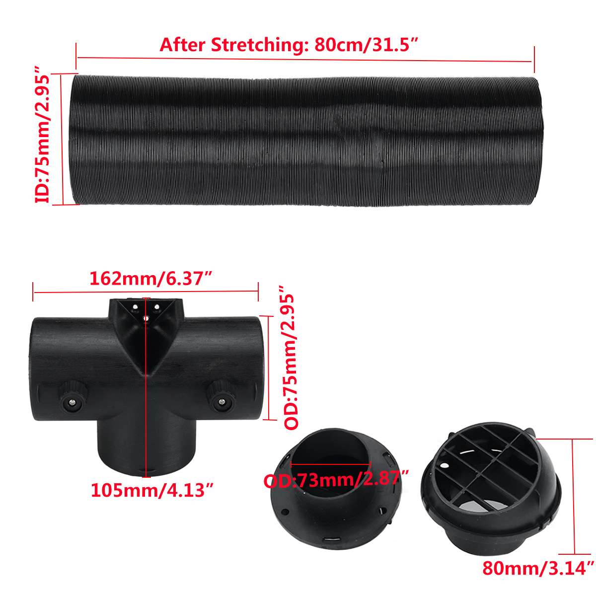 75mm Set of Air Diesel Parking Heater Replacements Heater Ducting Pipe + Regulating Exhaust Connector + Air Vent Outlet