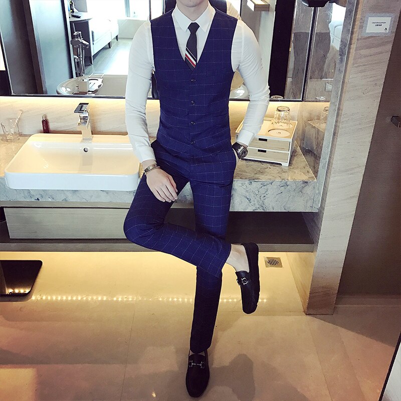 Nre Men's Formal Business Suit Vest Men's Classic Plaid V Neck Slim Vest Wedding Dress