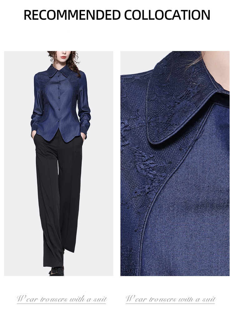Women Long Sleeve Blue Denim Shirt Spring Vintage Embroidered Tops Pointed Collar Casual Button-down Blouses