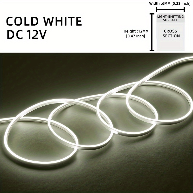 1 Roll 12V 196.85in/5M LED Flexible Silicone Neon Light, Outdoor LED Strip Lights Waterproof, 2835 12-bead Neon Light, 12V 6*12: Cold White