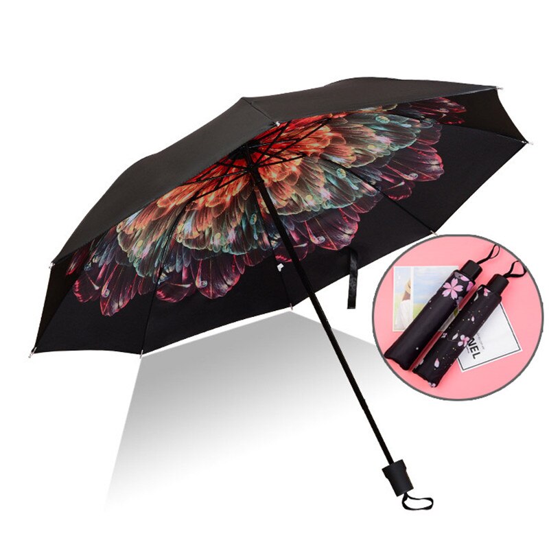 Umbrella Men Rain Woman Windproof Large Paraguas 3D Flower Print Sunny Anti-sun 3 Folding Umbrella Outdoor Parapluie