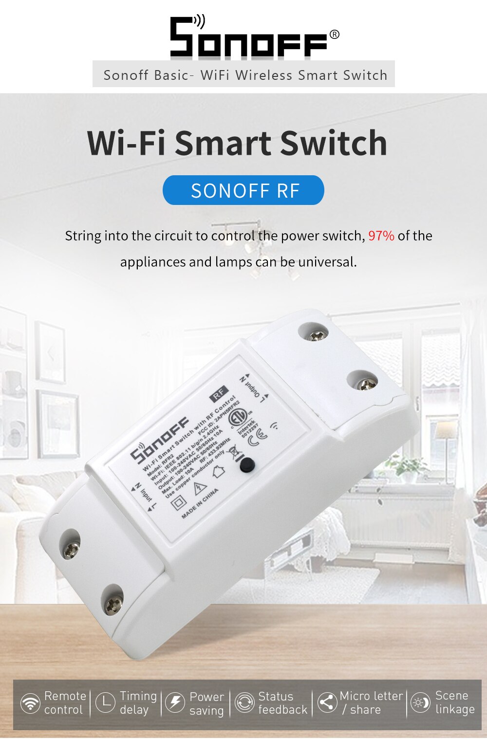 SONOFF básicos R2/TH10/TH16/doble/POW R2/básica RF interruptor inalámbrico inteligente luz temporizador 220V Wifi interruptor Módulo de automatización de domótica: SONOFF Basic RF