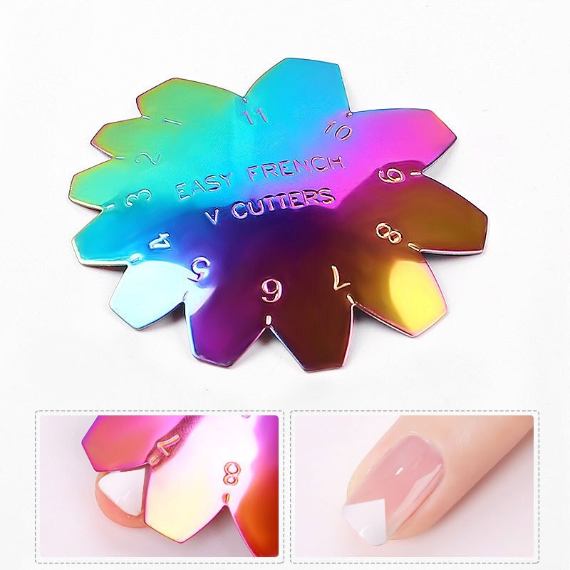 Pro 9 Sizes Easy French Smile Cut V Line almond shape Tips Manicure Edge Trimmer Nail Cutter Acrylic Pink White French Nails: 12-Colorful-F