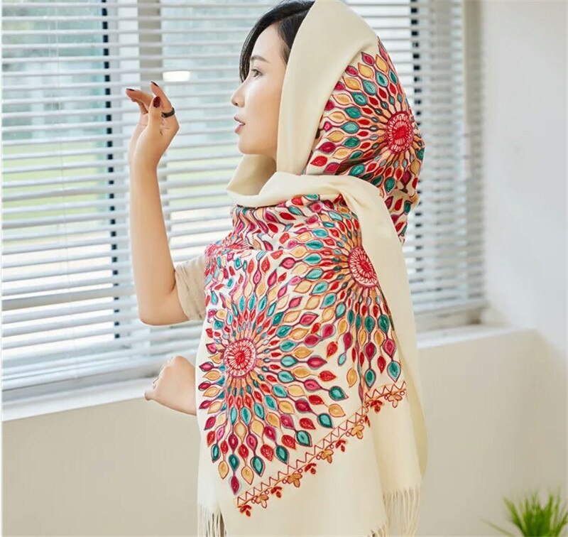 Vrouwen dikke kasjmier sjaals tibetaanse nepal zonnebloem sjaal borduurwerk kwast lange sjaal warme pashmina gebreide dames: 14