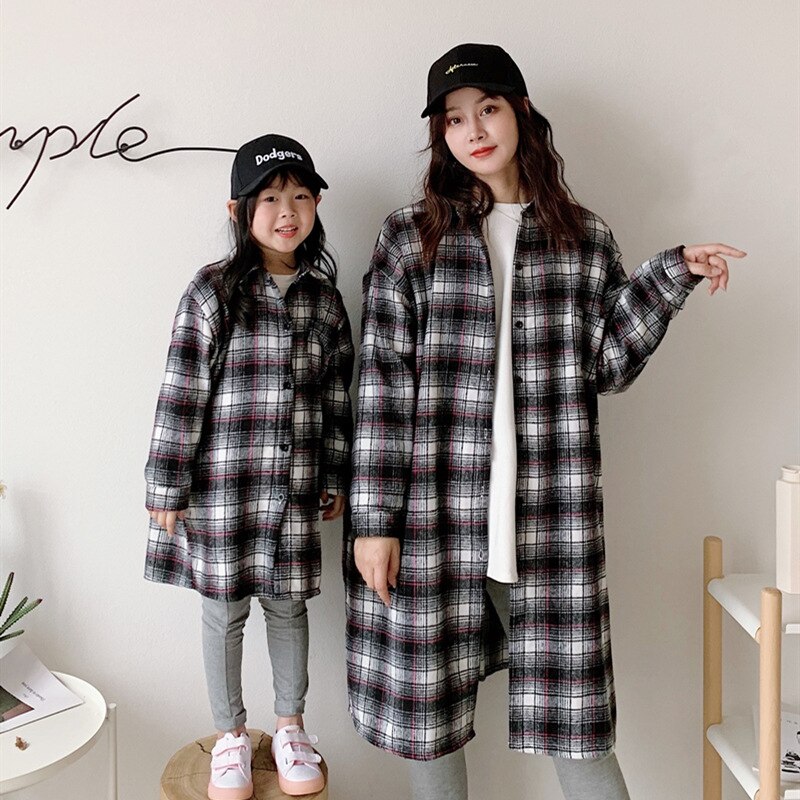 Family Matching plaid long shirts MOM daughter son oversized loose long sleeve shirt family outfits