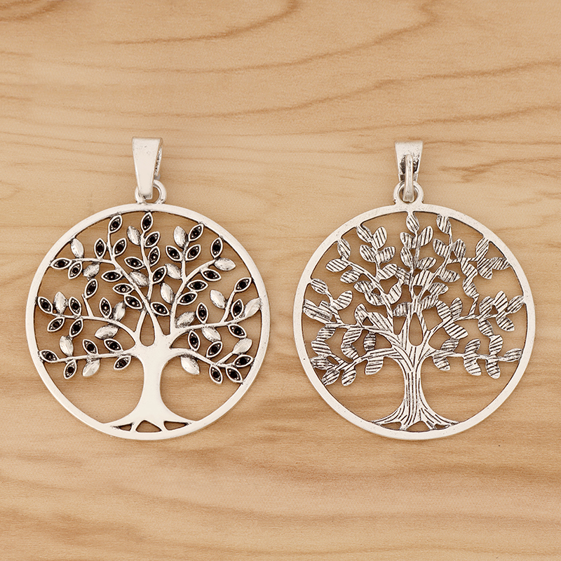 Abalorios redondos de árbol grande de plata tibetana, colgante para collar, fabricación de joyas, 75x59mm, 2 piezas