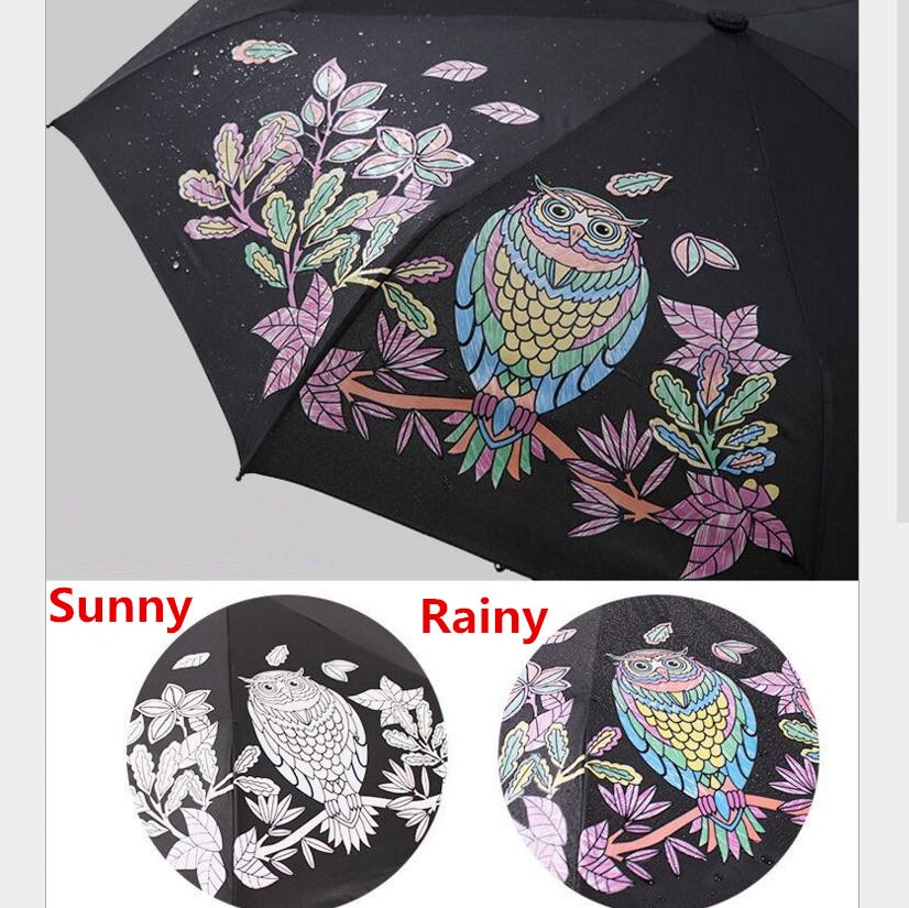 Paraguas plegable con forma de búho para amantes, sombrilla de tres pliegues con protección UV, cambio de Color mágico y bolsillo para agua