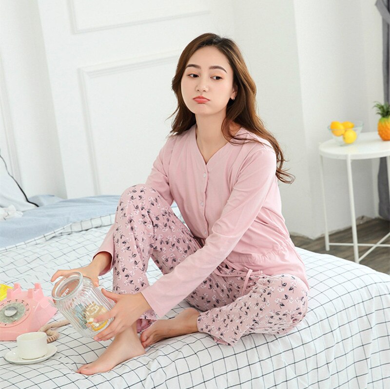 Fdfklak forår efterår bomuld barsel søvn graviditet pyjamas skjorter til fodring pink amme pyjamas langærmet nattøj: L