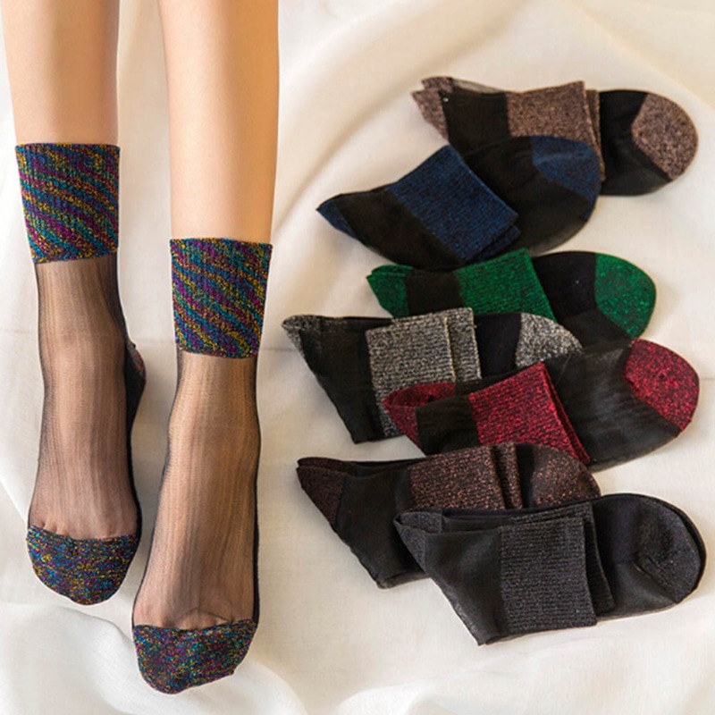 8 Colors Summer Women Ultrathin Transparent Socks Glitter Crystal Glass Silk Meias Beautiful Lace Shiny Elastic Short Socks