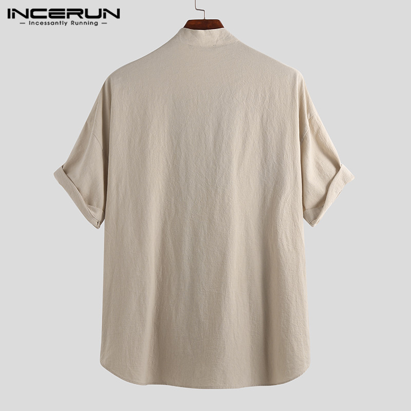 INCERUN Style chinois hommes chemise Kimono coton solide Harajuku poches demi manches hauts Streetwear Vintage hommes chemises décontractées
