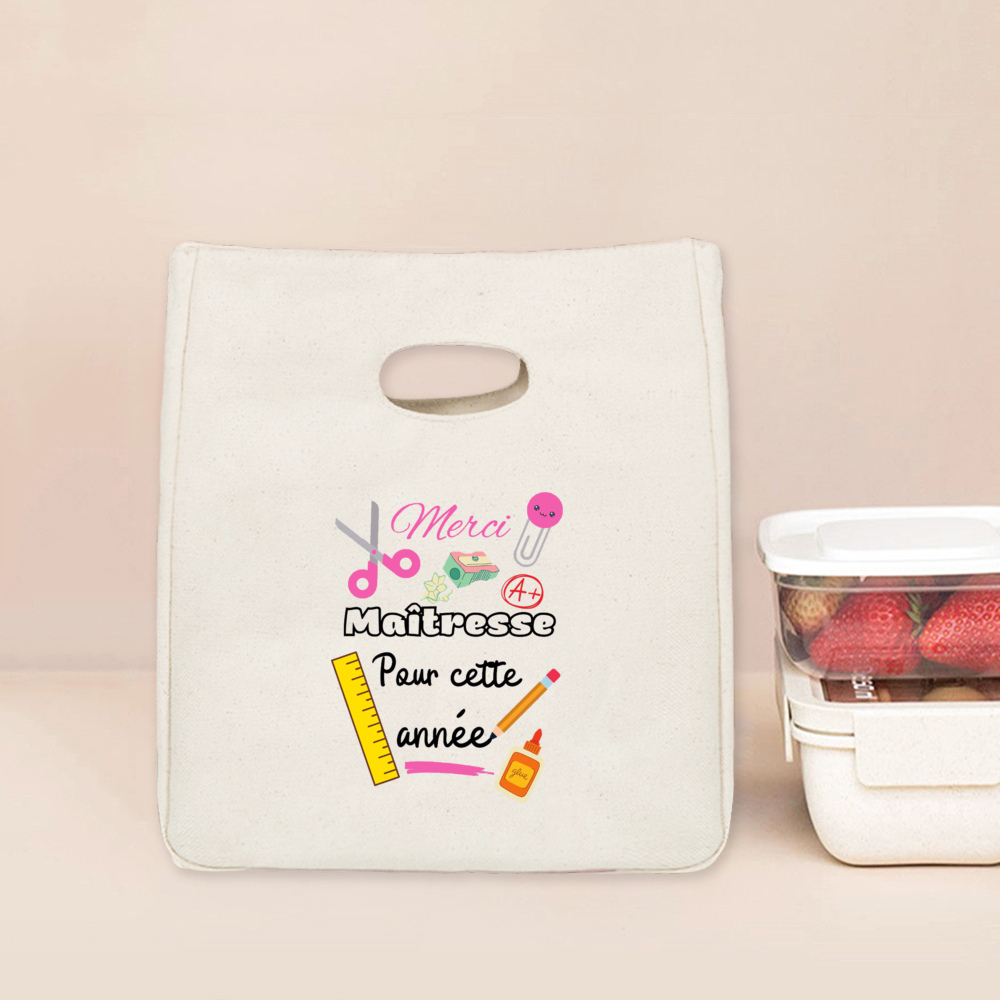 Merci Maitresse Print Lunch Bag Przenośna izolowana płócienna torba termiczna Bento Tote Thermal School Torby do przechowywania żywności Prezent dla nauczyciela: Złota