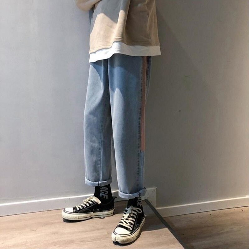 Men Jeans Autumn Male Bottoms Patchwork Outwear Straight Oversize 3XL Korean Trendy Ulzzang Chic Ins All-match Daily