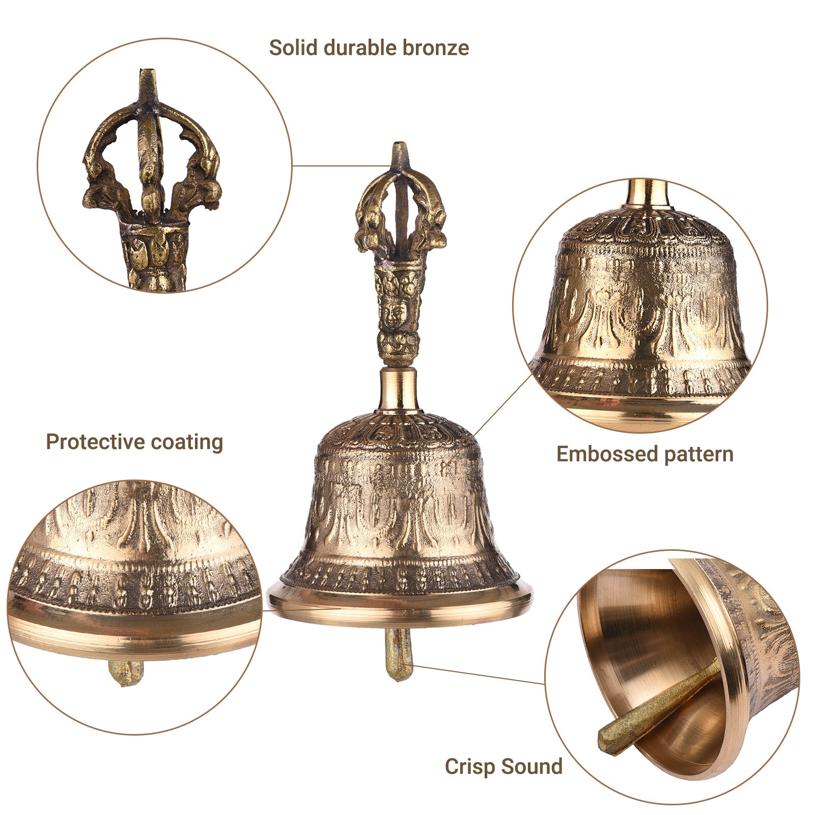 Tibetan Buddhist Bell Bronze Hand Bell with Vajra Padding for Meditation Prayer Bronze Die-Casting Handicraft