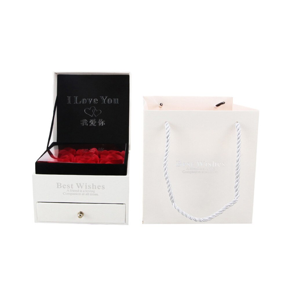 Ring halskæde smykker indehaver papkasse  + 9 stk faux rose blomsterkasse: Hvid