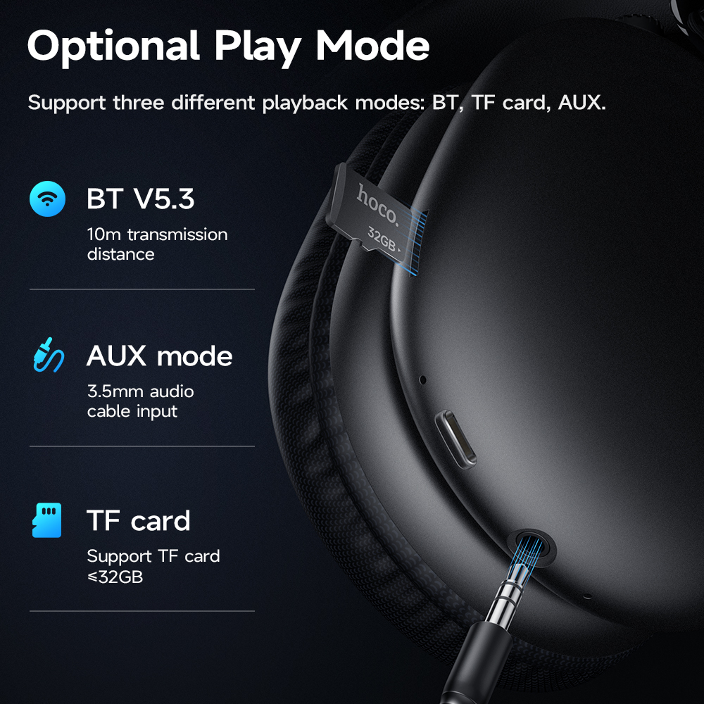HOCO ulepszony W35 Max Bluetooth 5.3 Bezprzewodowe słuchawki 40 mm Sterownik na ucho Sportowe słuchawki douszne 800 Mah z mikrofonem HiFi Earbuds