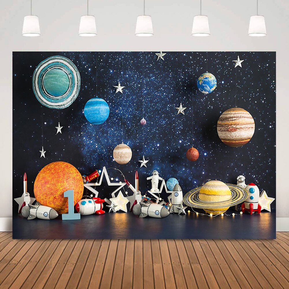 Kleine Astronaut Verjaardagstaart Smash Achtergrond Voor Fotografie Planeet Cosmic Adventure Kids 1st Verjaardag Portret Achtergrond